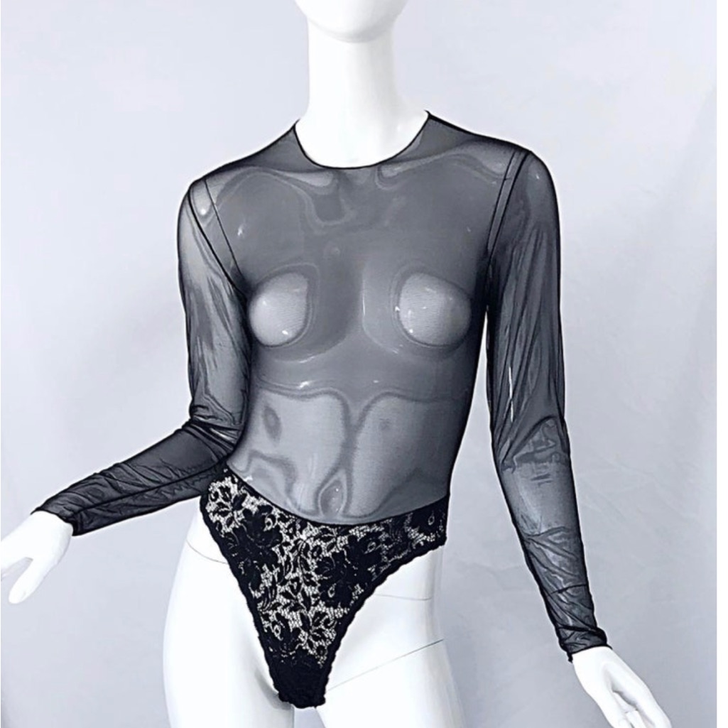Vintage 1980s Guy Laroche Black Long Sleeve Sheer Bodysuit Size Medium.